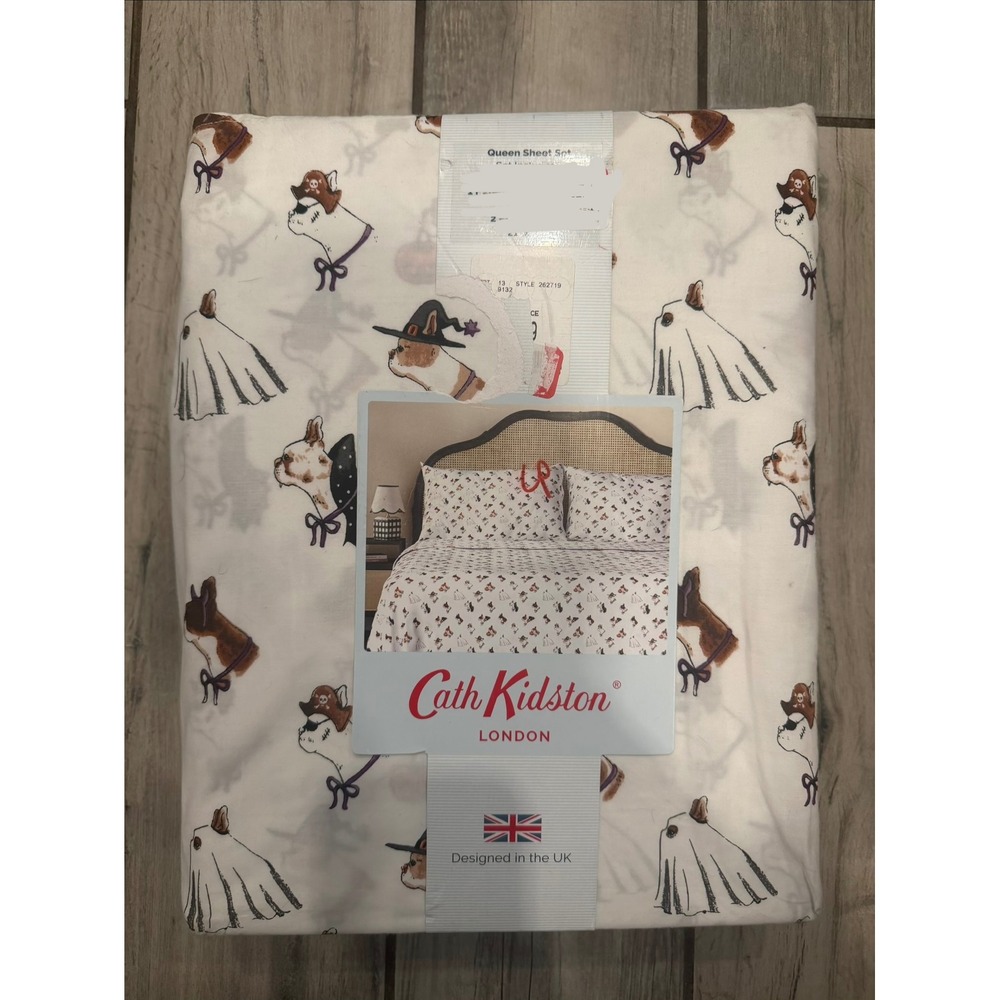 Cath Kidston Spooky Dogs Queen Sheet Set 100% Cotton Halloween Frenchie 4pc New